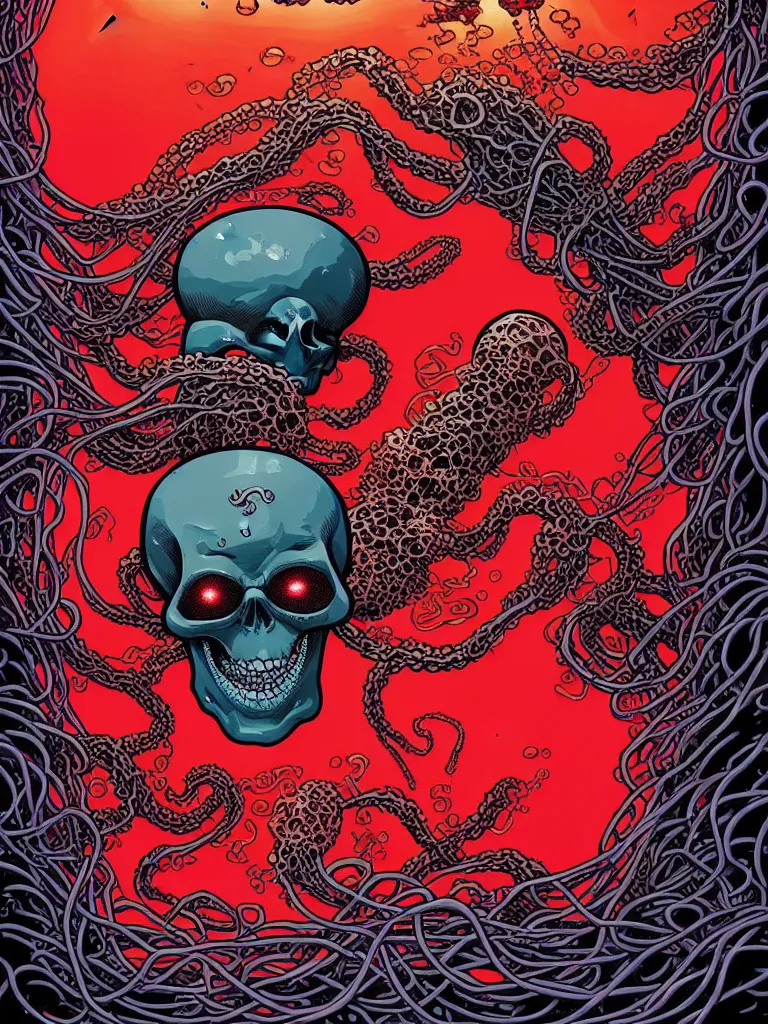 Image similar to a glowing red skull in the sea enveloped by jellyfish tendrils and black seaweed by josan gonzalez and dan mumford and albrecht anker and miho hirano and ross tran, highly detailed, high contrast, pop art