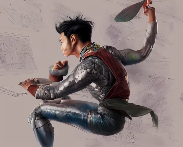 Image similar to an insanely detailed painting of an asian man wearing a homemade superhero costume, sitting at a desk, staring at the nervously at the computer and typing, in the style of peter mohrbacher, dramatic lighting and composition, surreal background, octane render, pixar, trending on artstation, concept art, comic book, view from behind