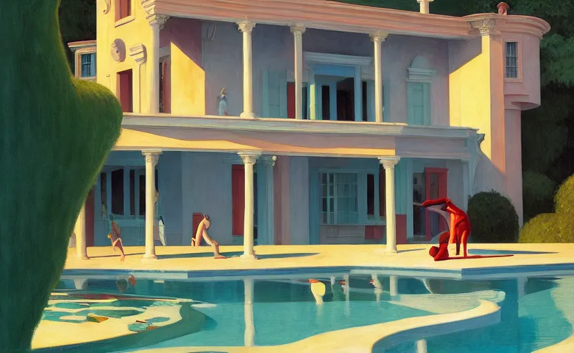 Prompt: A villa with a big pool, very coherent, painted by Edward Hopper, Wayne Barlowe, painted by James Gilleard, airbrush, art by JamesJean