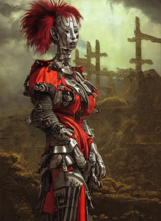 Image similar to portrait of a diabolical cyborg clown samurai girl, torn cape, adaptive armor, dynamic pose, heavy eyes to the side, ancient ruins, glowing veins subsurface scattering, in clouds, sunset, portrait, by gerald brom, by mikhail vrubel, by peter elson, muted colors, extreme detail, reflections, trending on artstation, 8 k
