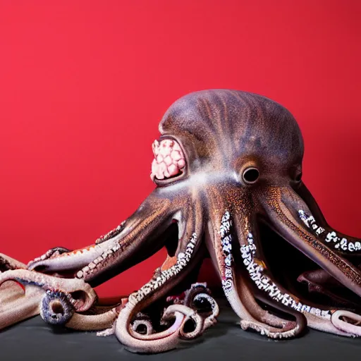 Image similar to a clean studio photography set, there is a bucket of red paint and it has just viciously exploded, there is paint EVERYWHERE, but not on the octopus, he is hiding, incredible beautiful ambient light