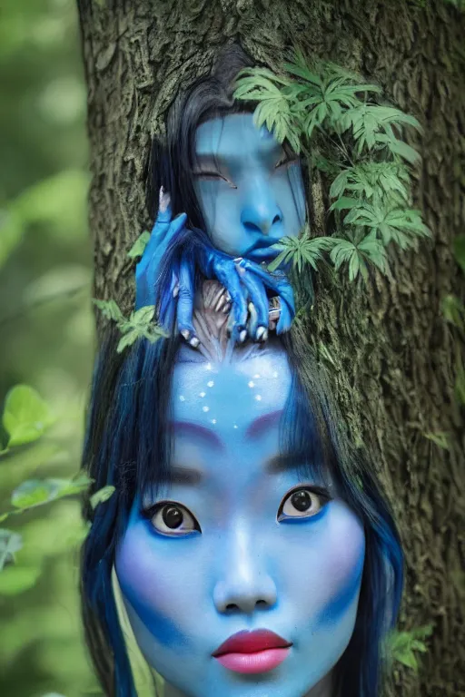 Image similar to a korean woman dressed as a blue-skinned female navi from avatar standing in a forest, blue body paint, high resolution film still, 8k, HDR colors, cosplay, outdoor lighting, high resolution photograph, photo by bruce weber, beautiful symmetric face, beautiful gazing eyes