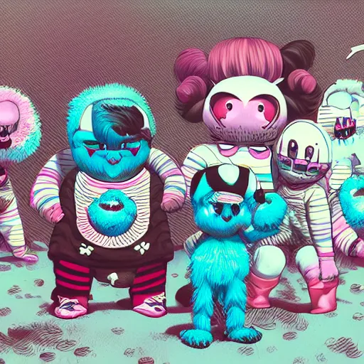 Prompt: misbehaving soft fuzzy monster musicians, in the style of billelis and james jean and pedro conti and stanley kubrick, inspired by die antwoord, kawaii colors, photorealistic, epic, super technical, 3 d render