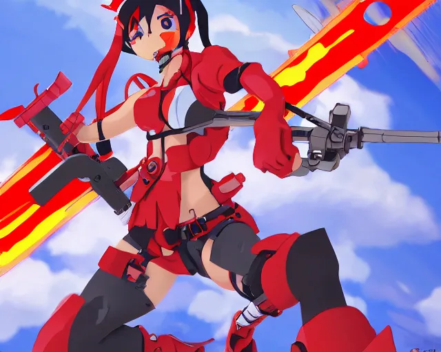 Image similar to yoko littner from Gurren Lagann anime aiming an anti material rifle on top of a mech, Studio Trigger, Anime, HD, clean linework, trending on Artstation, by Kuvshinov Ilya, by lariennechan, by Yenkoes