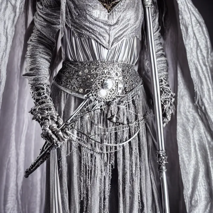 Image similar to photograph of a real-life beautiful lunar witch with intricate silver robes and staff. Extremely detailed. 8k