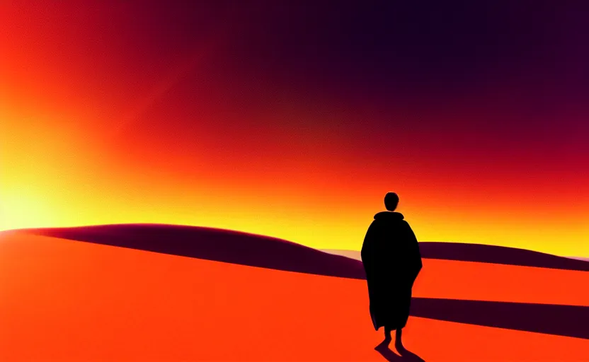 Image similar to Paul Atreides on a sand dune, desert landscape, simple robe, blowing in the wind, artstation, sun setting, orange and red sky, Paul silhouetted against the horizon, detailed, futuristic, intricate, detailed, photorealistic imagery, artstation