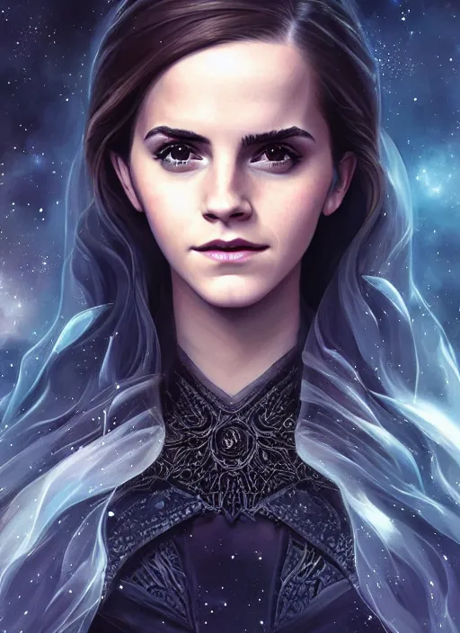 Image similar to emma watson as dark magic celestial, long hair, black and transparent cloth, space, D&D, shiny background, intricate, elegant, highly detailed, digital painting, artstation, concept art, smooth, sharp focus, illustration, artgerm, bouguereau