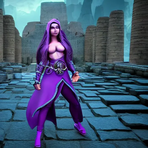 Image similar to high quality unreal engine render of a Dungeons and Dragons character, half-elf sorceress, she has purple hair, 30 years old, a fire spell forms in her hands, ancient Persian city in the background