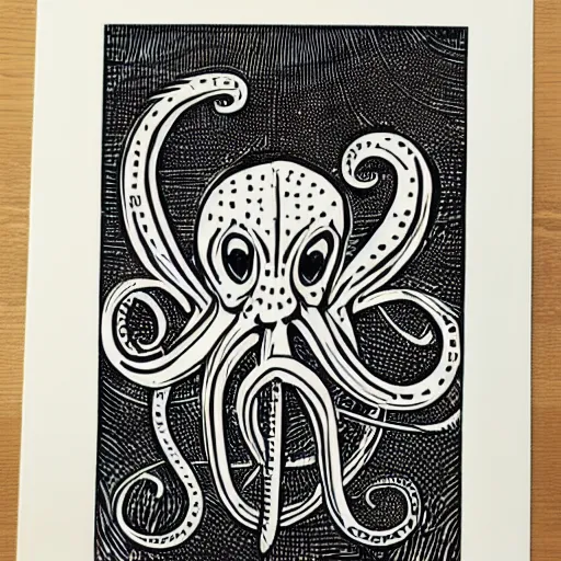 Image similar to a cross between a cat and an octopus, realistic, detailed, linocut