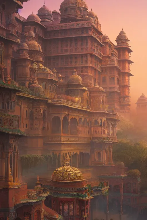 Prompt: old indian city with a breathtaking view of a magnificent maharajah palace at pink dawn, intricate, elegant, volumetric lighting, digital painting, highly detailed, artstation, sharp focus, illustration, concept art, ruan jia, steve mccurry