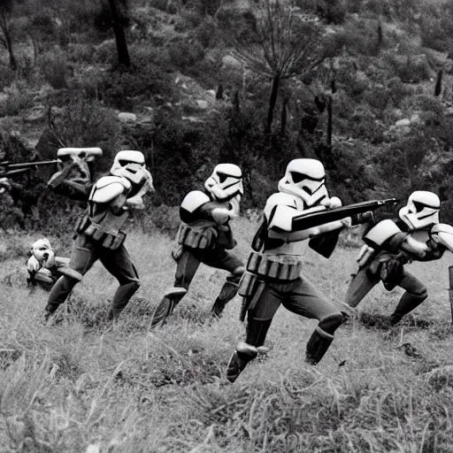 Image similar to star wars clone troopers combat soldiers in vietnam, photo, old picture, lush landscape, jungle, firearms, explosions, helicopters, aerial combat, active battle zone, flamethrower, air support, jedi, land mines, gunfire, violent, star destroyers, star wars lasers, sci - fi, jetpacks, agent orange, bomber planes, smoke, trench warfare