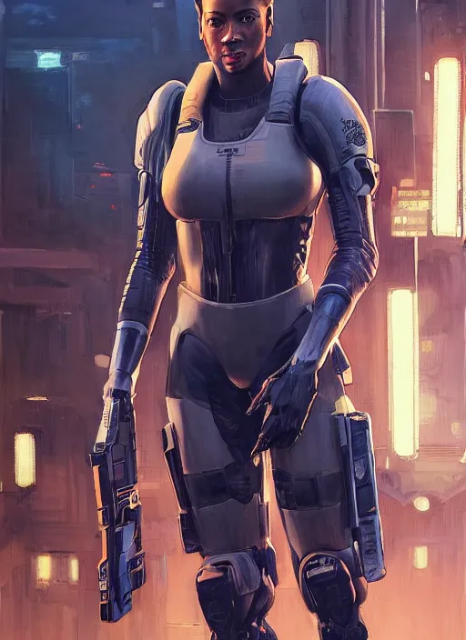 Image similar to Sgt. Maria igwe. Strong cyberpunk female USN marine wearing a military vest and powerful military cyberpunk exo-suit (cyberpunk 2077, bladerunner 2049). gorgeous face. Iranian orientalist portrait by john william waterhouse and Edwin Longsden Long and Theodore Ralli and Nasreddine Dinet, oil on canvas. Cinematic, hyper realism, realistic proportions, dramatic lighting, high detail 4k