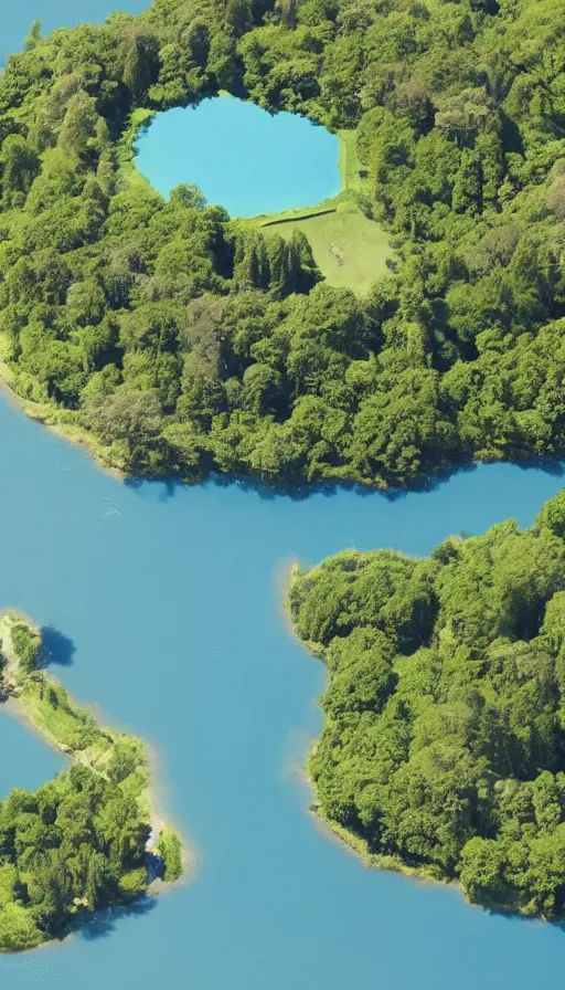 Prompt: a small island on a greenish blue lake, almost entirely covered by castle and an overgrown by trees and limestone walls, realistic landscape aerial photograph