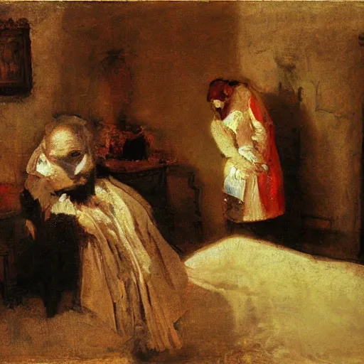 Prompt: two blurry figures in a messy room. scrumbling stylized. By Rembrandt, by Vermeer. Inspired by Dali. warm color scheme. Red white yellow brown.