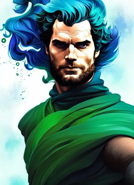 Image similar to style artgerm, joshua middleton, henry cavill as a warrior monk wearing green pelt light armor, blue hair, swirling water cosmos, fantasy, dnd, cinematic lighting