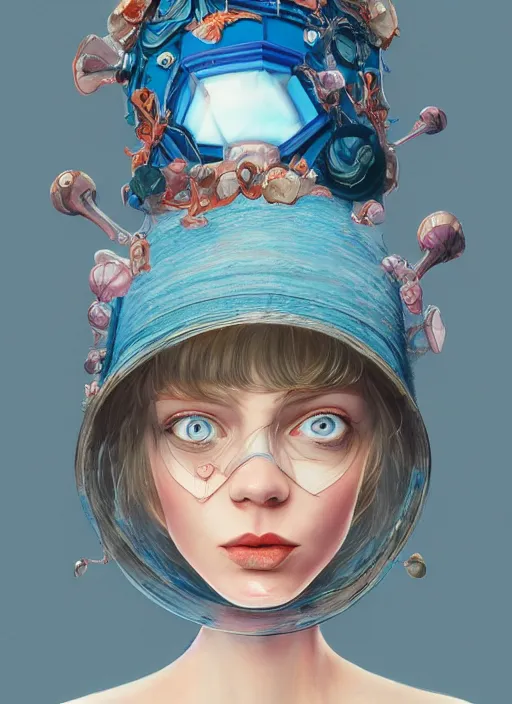 Image similar to blue eyes girl with transparent hat :: by Martine Johanna and Simon Stålenhag and Chie Yoshii and wlop and Guillermo del toro :: ornate, dynamic, particulate, rich colors, elegant, centered, artstation, smooth, sharp focus, octane render, 3d