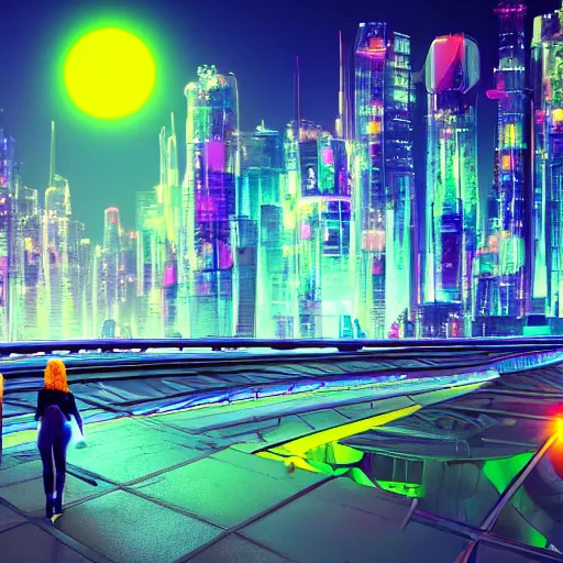 Image similar to neon sci - fi city, futuristic, neon colours, high saturation, high def, 8 k, hd, two moons on night sky,