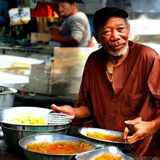 Image similar to morgan freeman as bakso seller