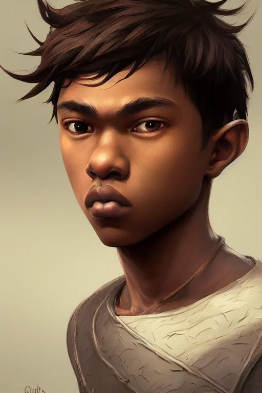Prompt: young teenager boy with straight short brown hair, dark skin, big lips. highly detailed, d & d, fantasy, highly detailed, digital painting, trending on artstation, concept art, sharp focus, illustration, art by artgerm and greg rutkowski and fuji choko and viktoria gavrilenko and hoang lap