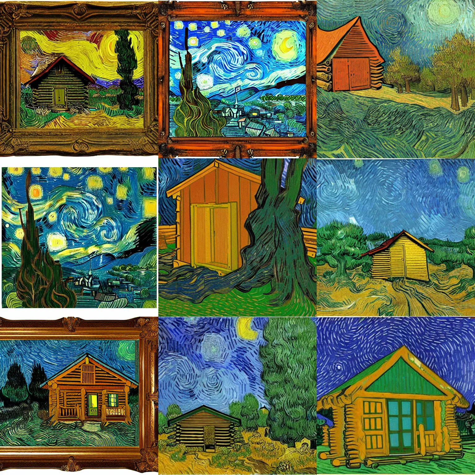 Prompt: [ a log cabin in the forest ] [ van gogh ] [ apocalypse ]