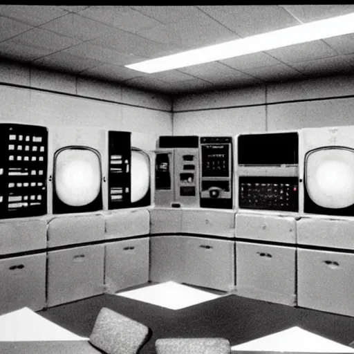 Prompt: retro future control panel room