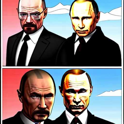 Image similar to walter white and vladimir putin in the style of a gta loading screen