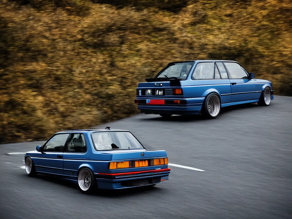 Prompt: a rear shot of a modified bmw e 3 0 with lights on a mountain road, motion blur, 3 5 mm photography, car photography, clean lines, realistic