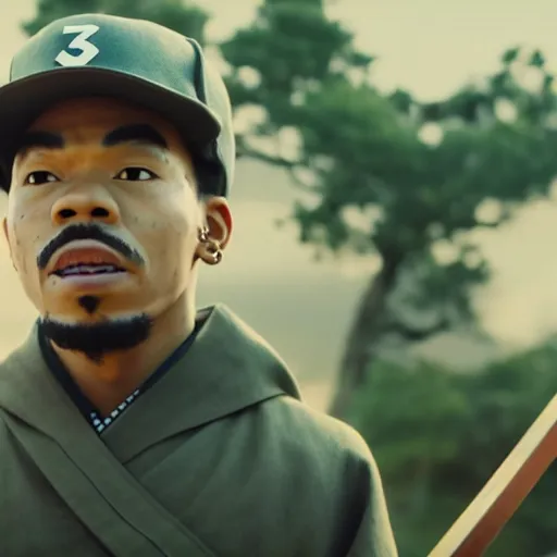 Image similar to cinematic film still of Chance The Rapper starring as a Samurai holding fire, Japanese CGI, VFX, 2022, 40mm lens, shallow depth of field, film photography