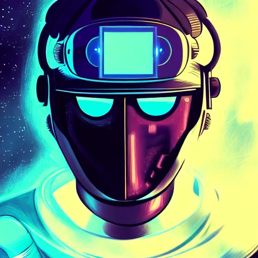 Image similar to A close up portrait of the most wanted space pirate warping time and space, parsec record, wearing menacing space helmet, trading illegal goods, magic mushrooms, psilocybin, LSD, dark force full face space helmet, space pressurized suit, futuristic, ghost in the shell, detailed, intricate, elegant, highly detailed, digital painting, artstation, concept art, smooth, sharp focus, akira style illustration, art by Krenz Cushart and Artem Demura and Alphonse Mucha