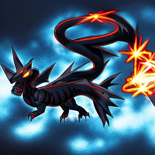 Image similar to a 3 headed black dragon pokemon shooting electricity out of its mouth