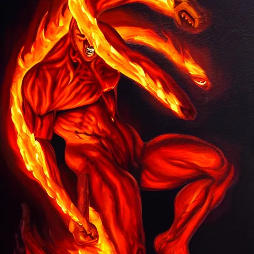 Image similar to fire demon eat human, oil painting