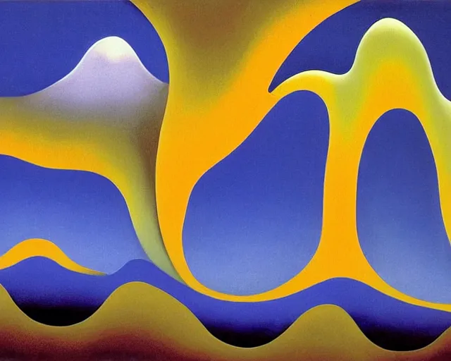 Image similar to An insane, modernist landscape painting. Wild energy patterns rippling in all directions. Curves, organic, zig-zags. Saturated color. Mountains. Clouds. Rushing water. Georgia O'Keeffe. Dali.