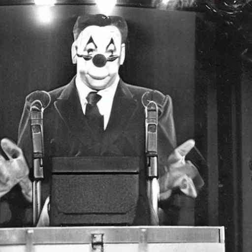 Prompt: photo of an old television showing a president that has a clown face and is giving a speech over a podium