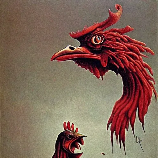 Image similar to big black rooster as a giant chicken monster, creepy!!!, sharp teeth, gory, zdzisław beksinski, keith thompson, terrifying!!!
