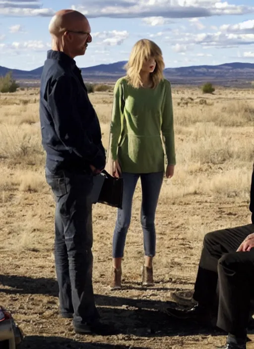 Image similar to TV still of taylor swift in breaking bad. Speaking to Walter White