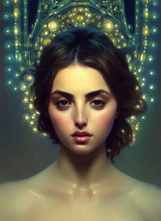 Image similar to portrait of ana del armas, intricate, elegant, glowing lights, highly detailed, digital painting, artstation, glamor pose, concept art, smooth, sharp focus, illustration, art by wlop, alphonse mucha and craig mullins