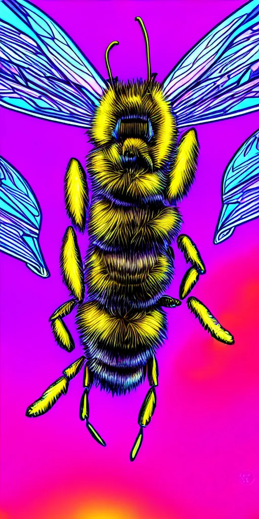 Prompt: hyper detailed ultra sharp of a beautiful bee. trending on artstation, vaporwave aesthetic, synthwave, colorful, psychedelic, digital painting, concept art, smooth, sharp focus, illustration, 8 k