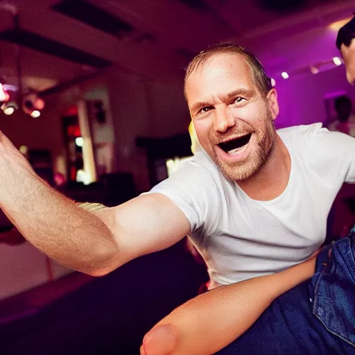Image similar to photo of a 4 0 year old white man living thinking he's living the best life possible. he looks young for his age. he is at a dance club, it's as if he were in a music video. woman are flocking to him and can be seen dancing around him in a seductive manner.