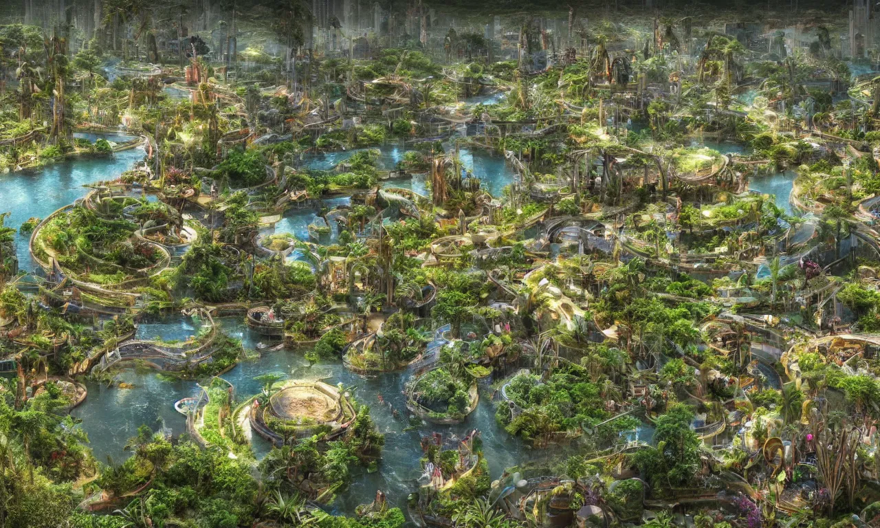 Prompt: solarpunk eco - city utopia, enchanted world, ancient nile winding river valley deep valley taken from 3 0 metres high, otherworldly, botanical garden, waterscape, overgrowing floral lush, glistening in the morning light, 8 k, cinematic shot, weta workshop, hyper realistic, cinematography by john boorman