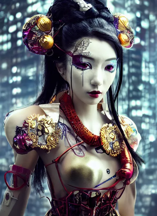 Image similar to portrait of a seductive cyberpunk latex geisha raver cyborg, modern fine art, golden ratio, dark fantasy, cyberpunk, octane render, fractal, in the style of ghosts in the machine, intricate ornaments, elegant, highly detailed, ornate, wlop
