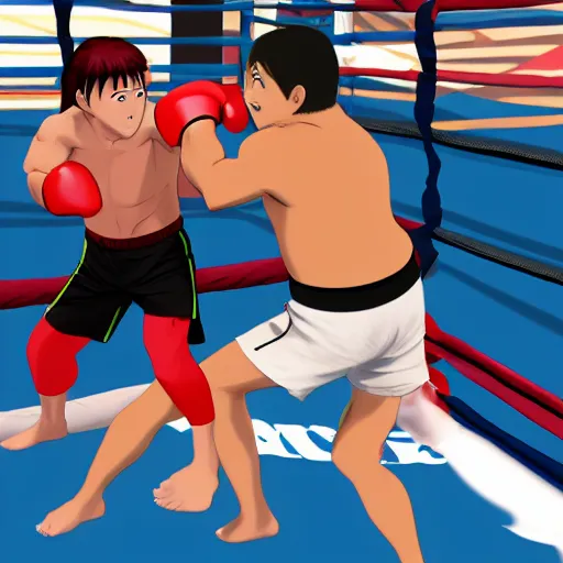 Image similar to hajime no ipo box fight, boxing in ring, 1v1 fight center stage, Ipo vs. Nekota, Ipo has black hair, lightweight, Nekota has brown hair, lightweight, Liver shot hitting oponent in the air, style of Hajime no Ipo, animated, high quality animation, HD, style of Anime: Hajime no Ipo, liver shot