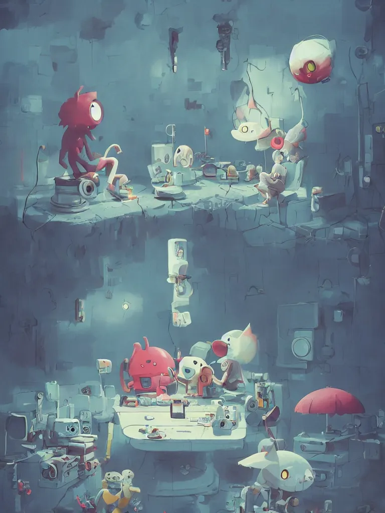 Image similar to cute anime monsters listening to record players by Goro Fujita and Simon Stalenhag and Banksy and Kandinsky, 8k, trending on artstation, hyper detailed, cinematic