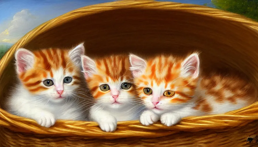 Image similar to highly detailed painting of cute furry calico and ginger tabby kittens cuddled up in a basket by william turner, thick brush strokes and visible paint layers, 4 k resolution