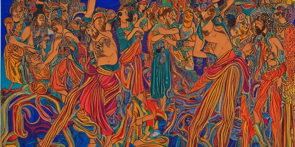 Image similar to an abstract spiritual background, a punk greek god dancing, clear eyes. 2 4 mm, photorealistic, muted color scheme, directed by mati klarwein