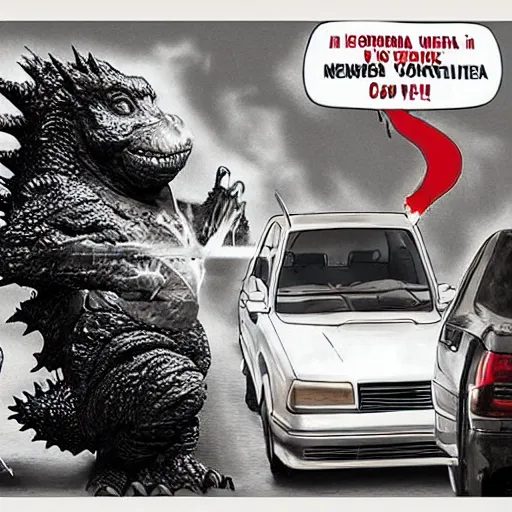 Image similar to godzilla vs obama in a wendy ’ s parking lot, photography, realistic, realism, photorealism, f 3. 5