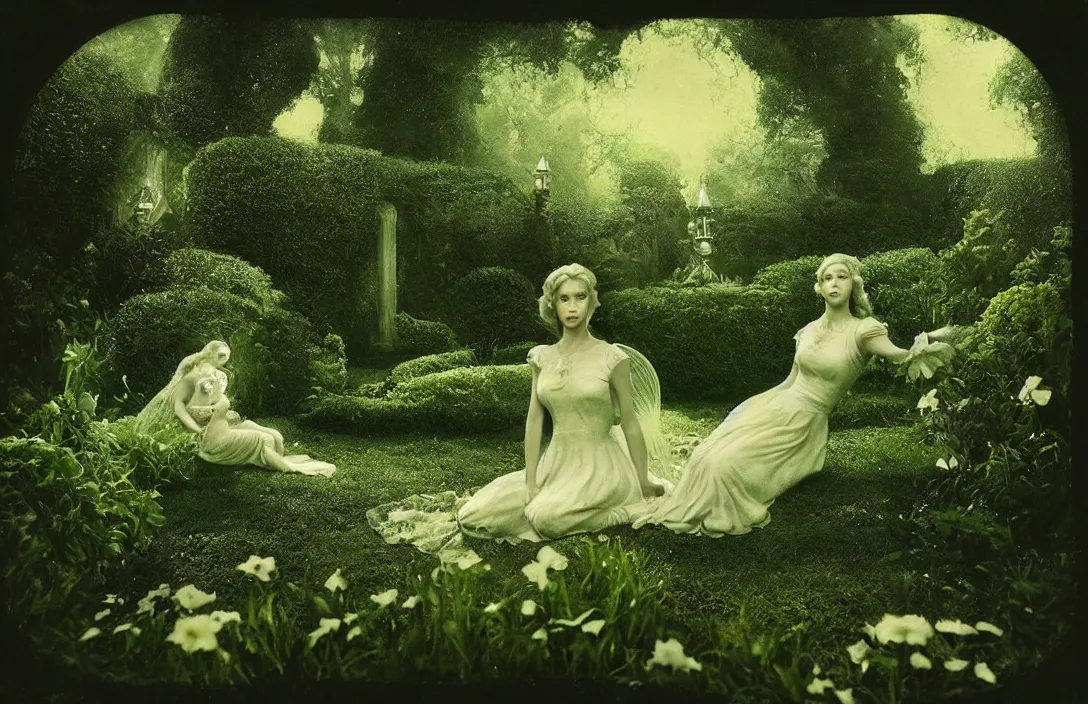 Prompt: garden idyll nostalgic fairy tale fusing a dream world of imagination with closely observed reality minuscule curls of white foam intact flawless ambrotype from 4 k criterion collection remastered cinematography gory horror film, ominous lighting, evil theme wow photo realistic postprocessing the precision of drawing makes the final effect that of a shallow relief sculpture roger deakins cinematography