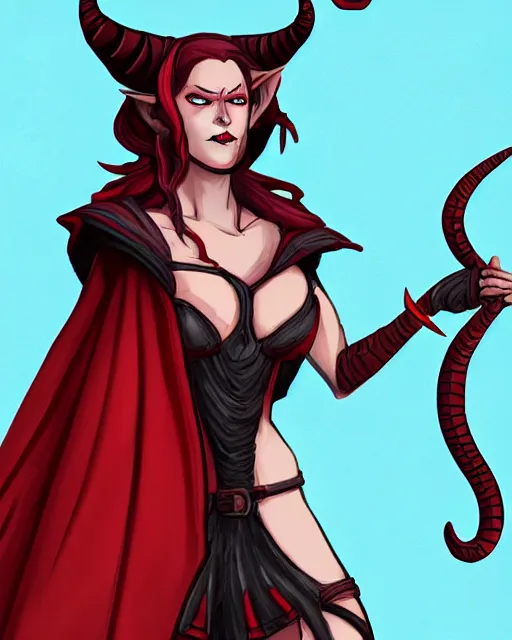 Image similar to Dungeons and Dragons character art of a female tiefling, red skin, black cloak, holding daggers