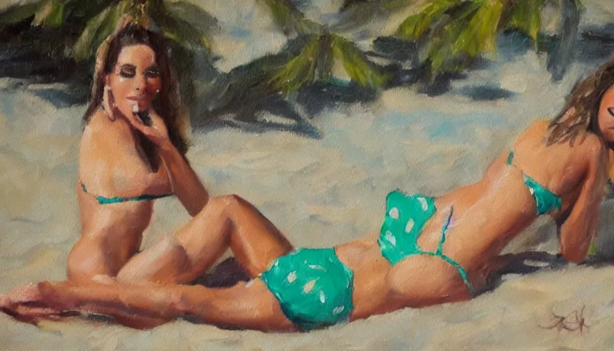 Image similar to an oil painting of rosalia the spanish singer in a bikini on a beach sipping a mojito