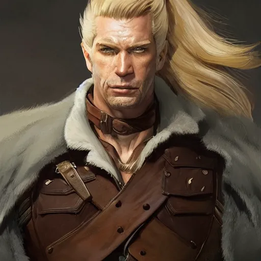 Image similar to portrait of a muscular, grim, ponytail haired blonde man in his late 30's, wearing a thick brown leather coat, looking to his side, hunter, DnD character, fantasy character, digital art by Ruan Jia, Krenz Cushart, Rossdraws and Boris Vallejo