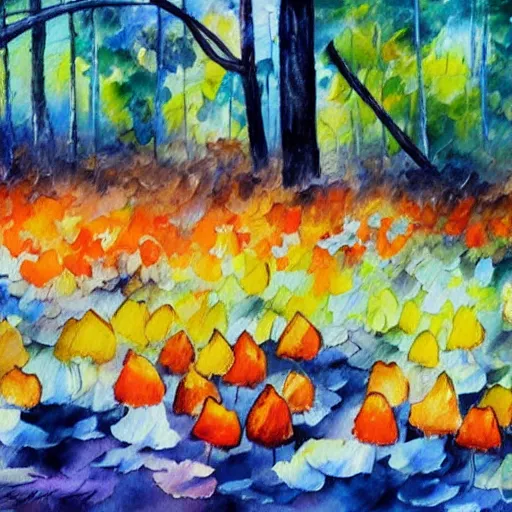 Prompt: A watercolor painting by Afremov of a psychedelic orange and blue mushroom growing on the ground in the middle of a forest.